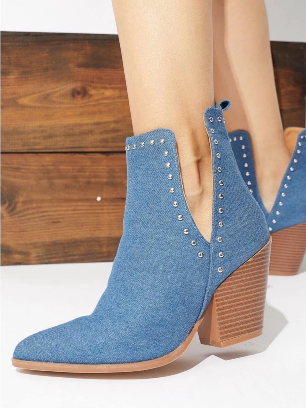 Mata Traders Blue Denim Studded Ankle Booties - Picture 3 of 3